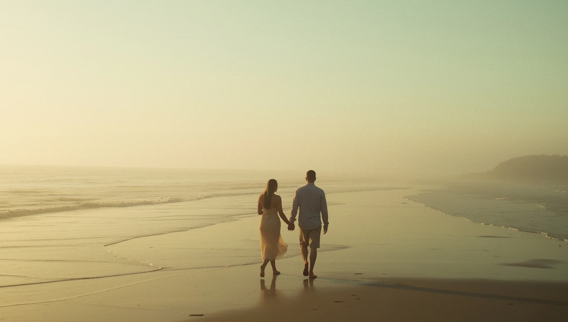 A parent and young adult walking together along a calm beach at sunset